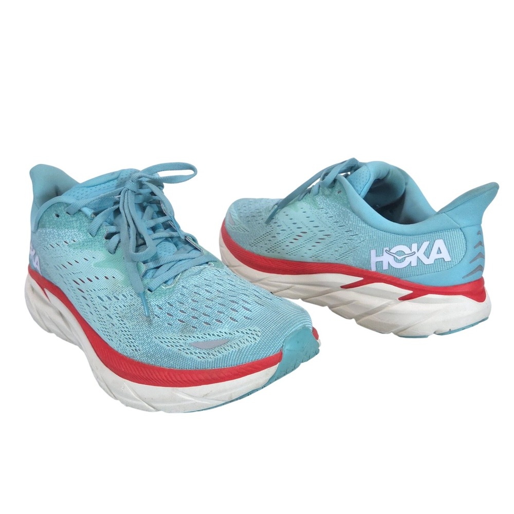 Hoka One One Clifton 8 Women 11B Aqua Red Running Shoes Sneakers Comfort AEBL